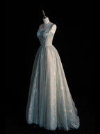 Chic Spaghetti Straps A-Line Embroidery Satin Tulle Long Prom Dresses,Sweet 16 Dress With Appliqué