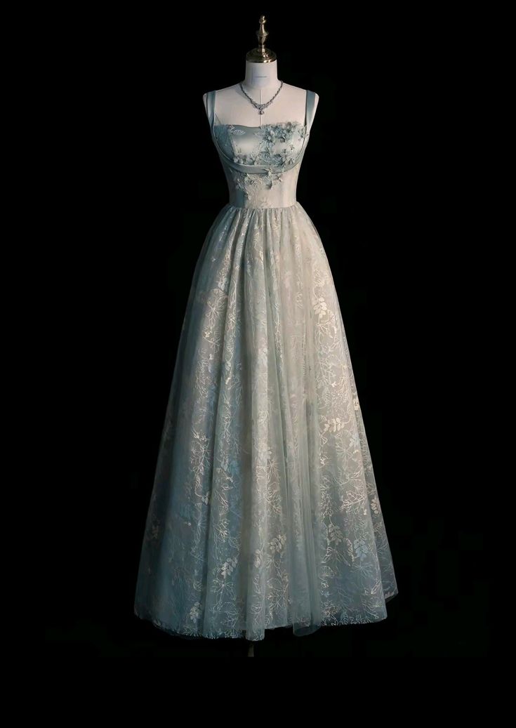 Chic Spaghetti Straps A-Line Embroidery Satin Tulle Long Prom Dresses,Sweet 16 Dress With Appliqué Main image