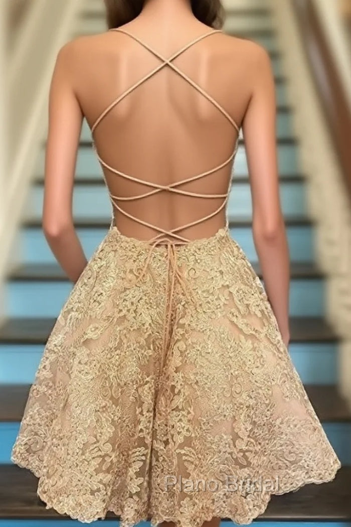 A-line Spaghetti Straps Applique Backless Short Homecoming Dresses Main image