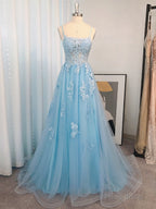 A-line Spaghetti Straps Appliques Lace Sweep Train Tulle Dress