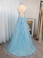 A-line Spaghetti Straps Appliques Lace Sweep Train Tulle Dress