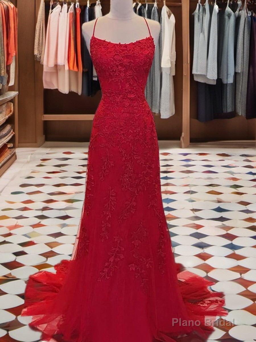 A-line Spaghetti Straps Appliques Lace Sweep Train Tulle Dress Main image