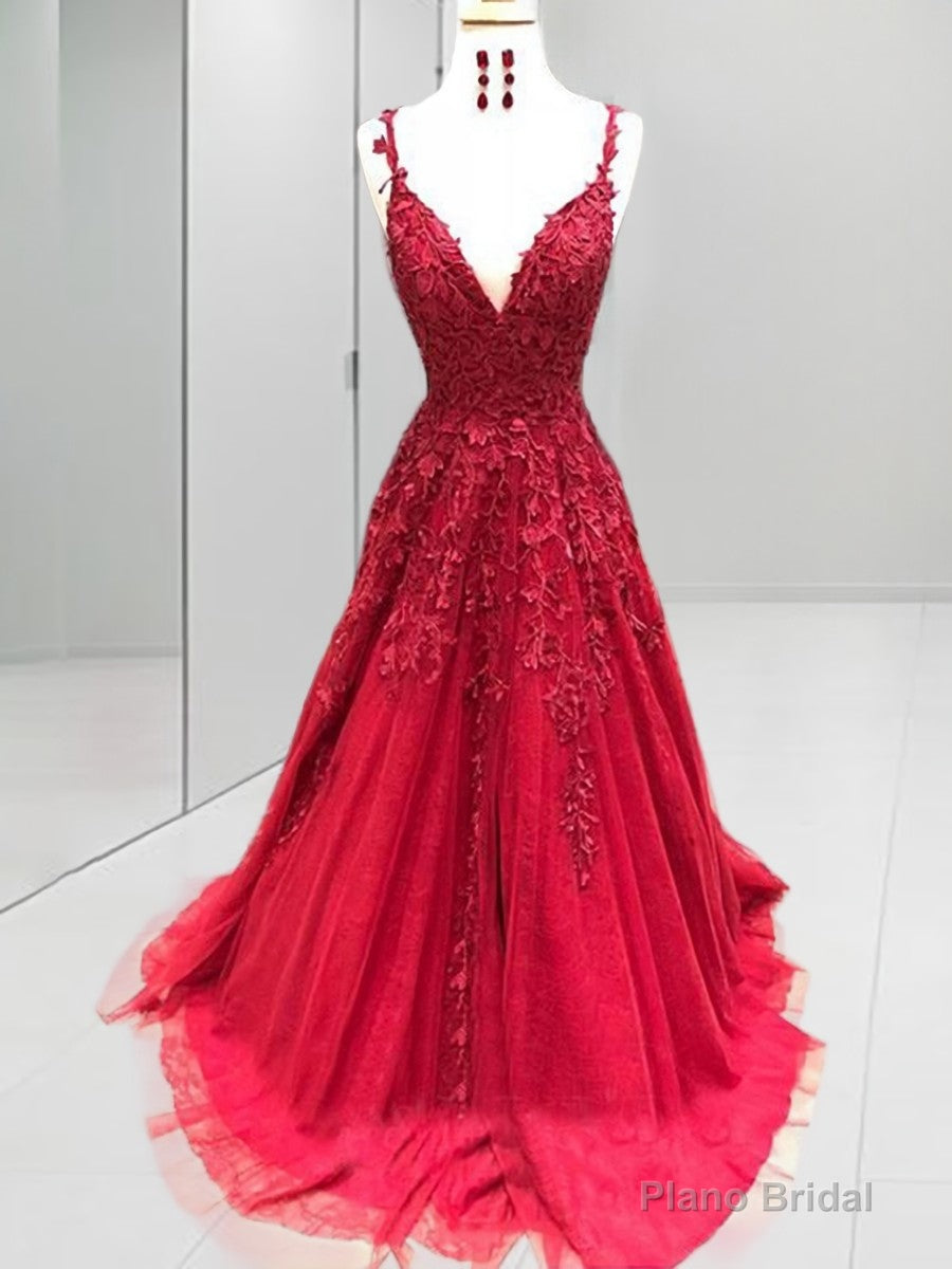 A-line Spaghetti Straps Appliques Lace Sweep Train Tulle Dress Main image