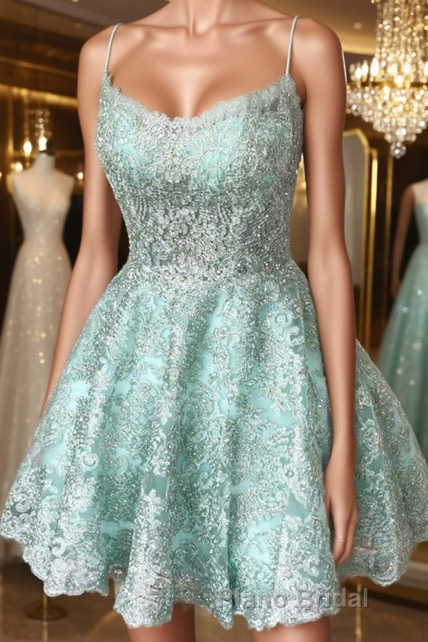 A-Line Spaghetti Straps Backless Mint Green Lace Short Formal Prom Dress, Backless Mint Green Lace Formal Graduation Homecoming Dress Main image