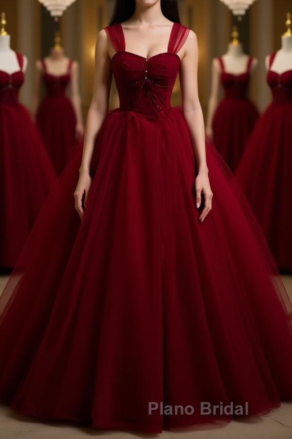 A Line Spaghetti Straps Beaded Burgundy Tulle Long Formal Prom Dresses, Long Burgundy Formal Evening Dresses Main image