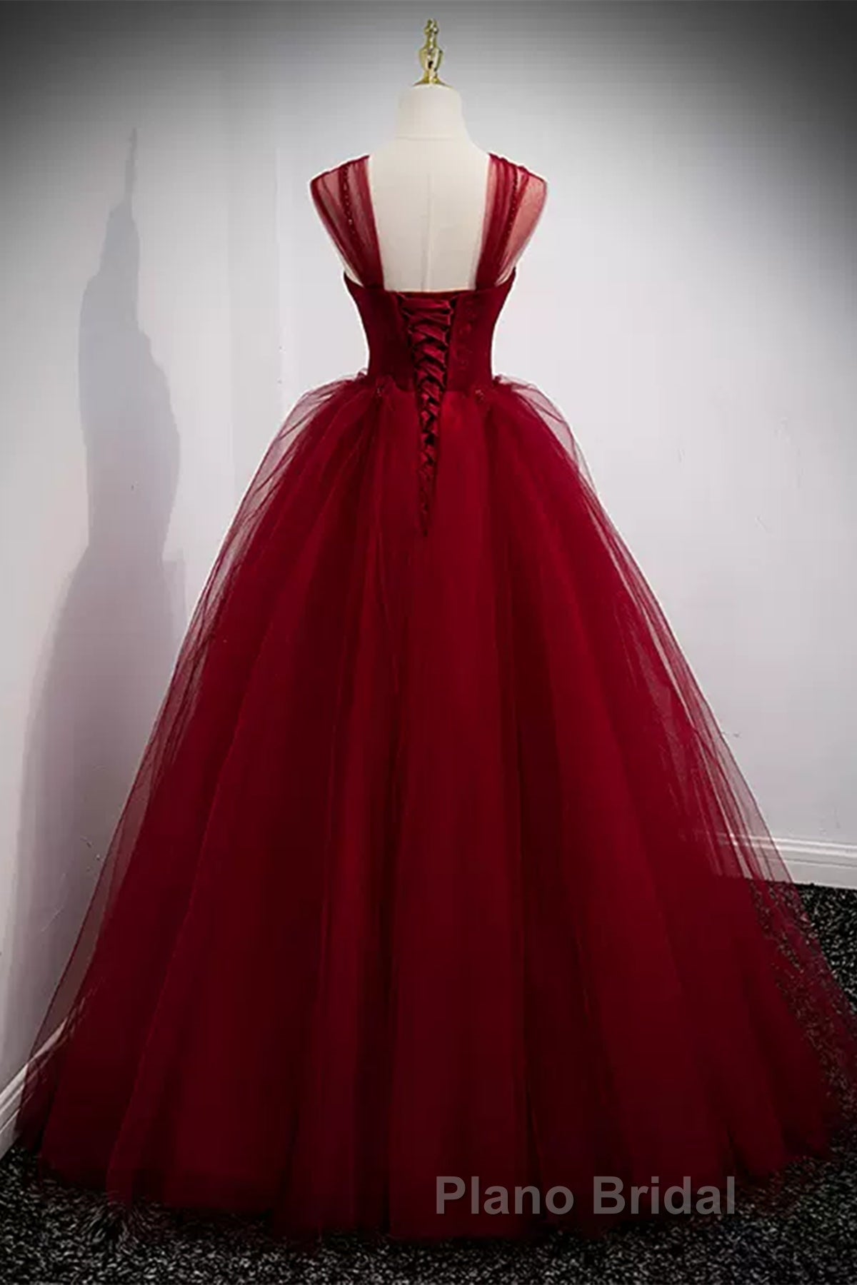 A Line Spaghetti Straps Beaded Burgundy Tulle Long Formal Prom Dresses, Long Burgundy Formal Evening Dresses Secondary image