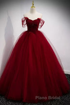 A Line Spaghetti Straps Beaded Burgundy Tulle Long Formal Prom Dresses, Long Burgundy Formal Evening Dresses
