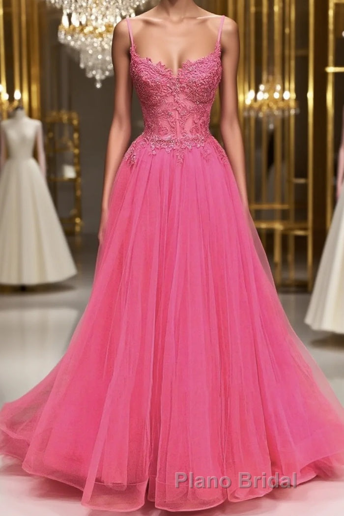 A Line Spaghetti Straps Beaded Pink Lace Long Formal Prom Dress, Pink Lace Formal Dress, Pink Tulle Evening Dress Main image