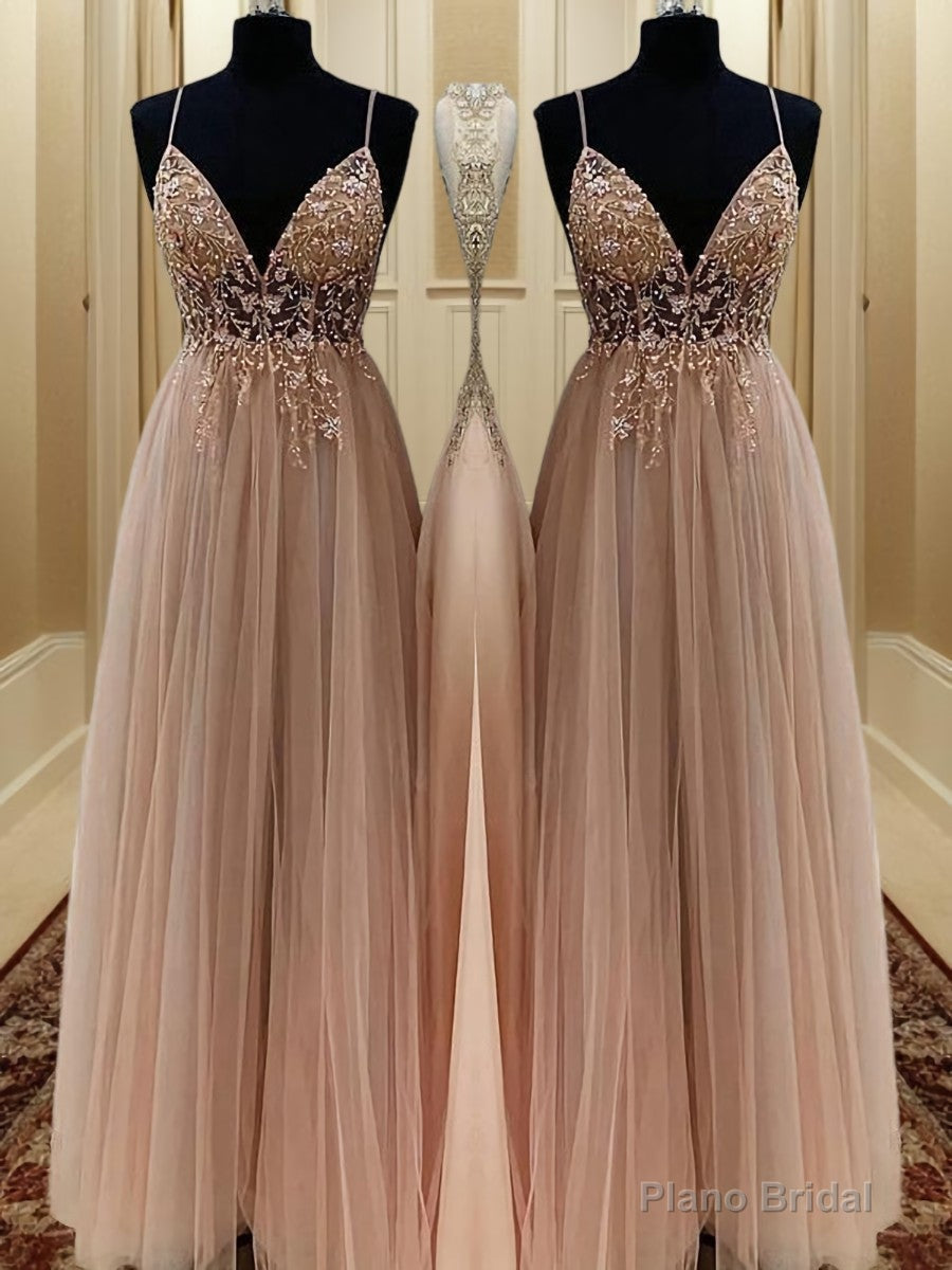 A-line Spaghetti Straps Beading Floor-Length Tulle Dress Main image