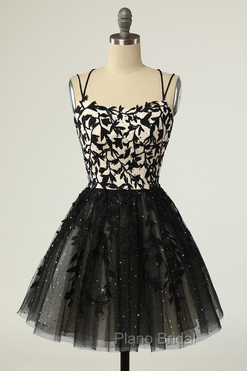 A Line Spaghetti Straps Black Homecoming Dresses Short Formal Prom Dresses with Appliques Secondary image