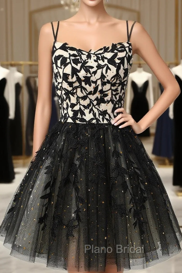 A Line Spaghetti Straps Black Homecoming Dresses Short Formal Prom Dresses with Appliques