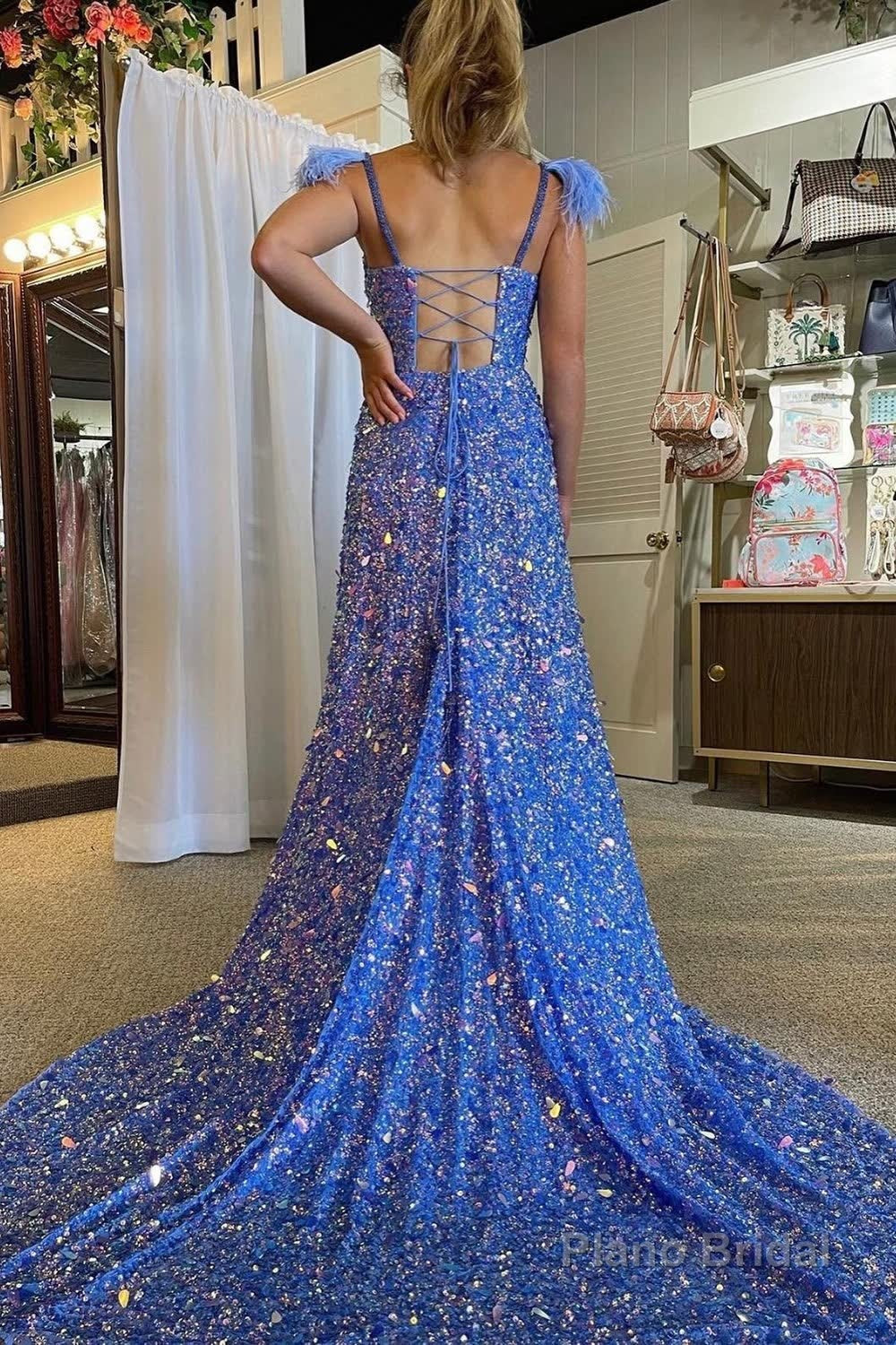 A Line Spaghetti Straps Blue Sequins Long Prom Dress with Feathers Secondary image