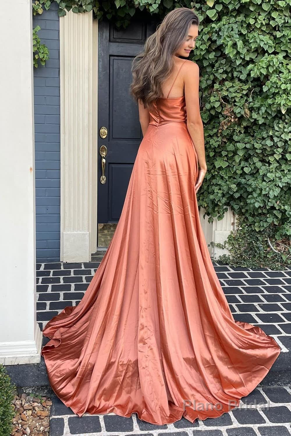 A Line Spaghetti Straps Blush Long Prom Dress with Split Front Secondary image