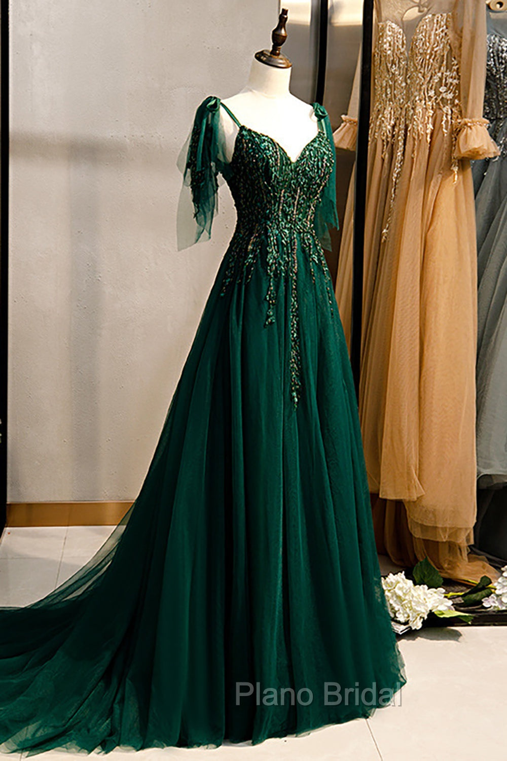 A-Line Spaghetti Straps Dark Green Formal Prom Dresses with Beading Secondary image