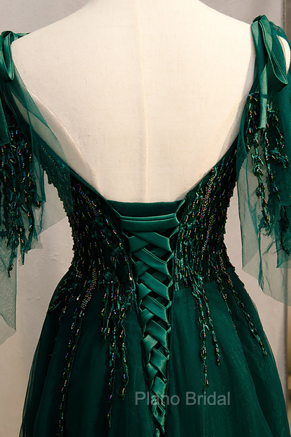 A-Line Spaghetti Straps Dark Green Formal Prom Dresses with Beading
