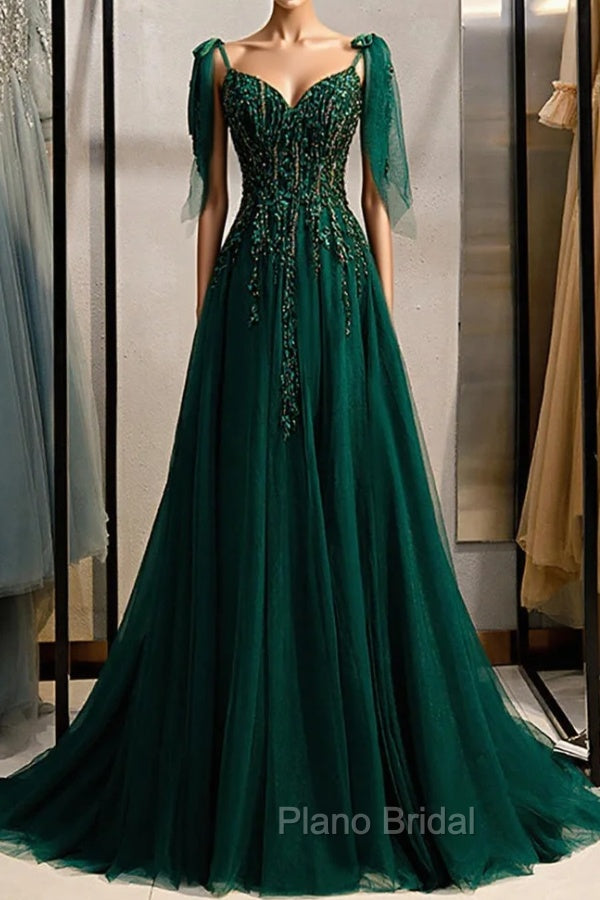 A-Line Spaghetti Straps Dark Green Formal Prom Dresses with Beading