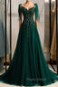 A-Line Spaghetti Straps Dark Green Formal Prom Dresses with Beading