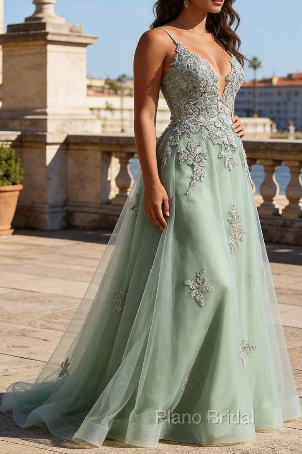 A Line Spaghetti Straps Green Long Prom Dress with Criss Cross Back Secondary image
