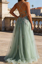 A Line Spaghetti Straps Green Long Prom Dress with Criss Cross Back