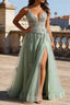 A Line Spaghetti Straps Green Long Prom Dress with Criss Cross Back