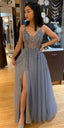 A Line Spaghetti Straps Tulle Formal Prom Dresses With Beading Split