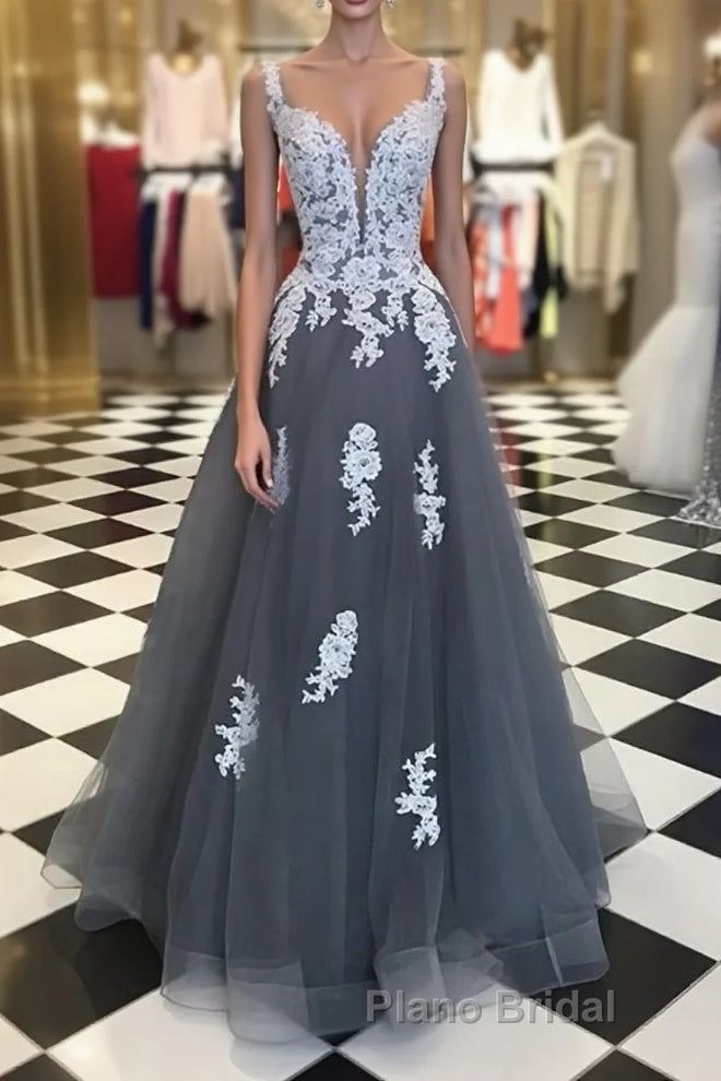 A Line Spaghetti Straps Lace Grey Tulle Long Formal Prom Dress, Grey Formal Bridesmaid Dress, Evening Dress Main image