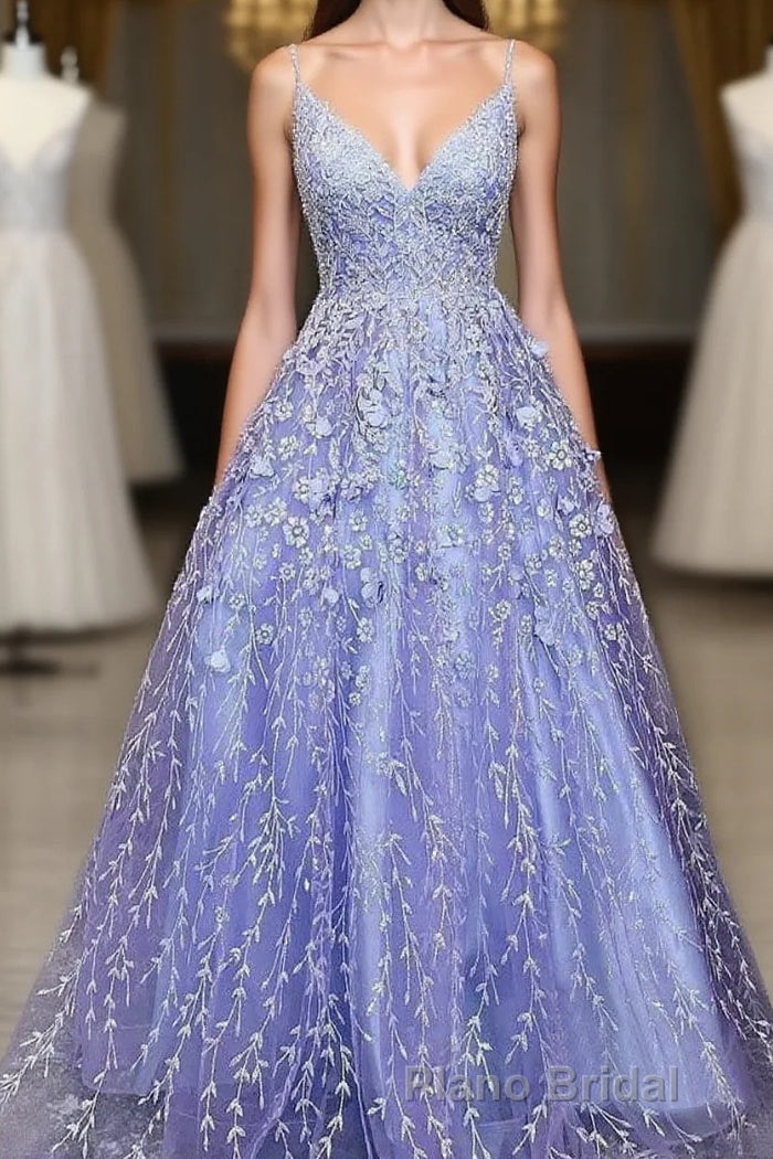 Lavender Spaghetti Straps Lace Floral A-line Formal Gowns Long Formal Prom Dresses Main image