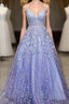 Lavender Spaghetti Straps Lace Floral A-line Formal Gowns Long Formal Prom Dresses