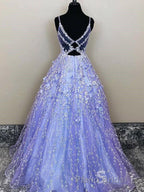 Lavender Spaghetti Straps Lace Floral A-line Formal Gowns Long Formal Prom Dresses