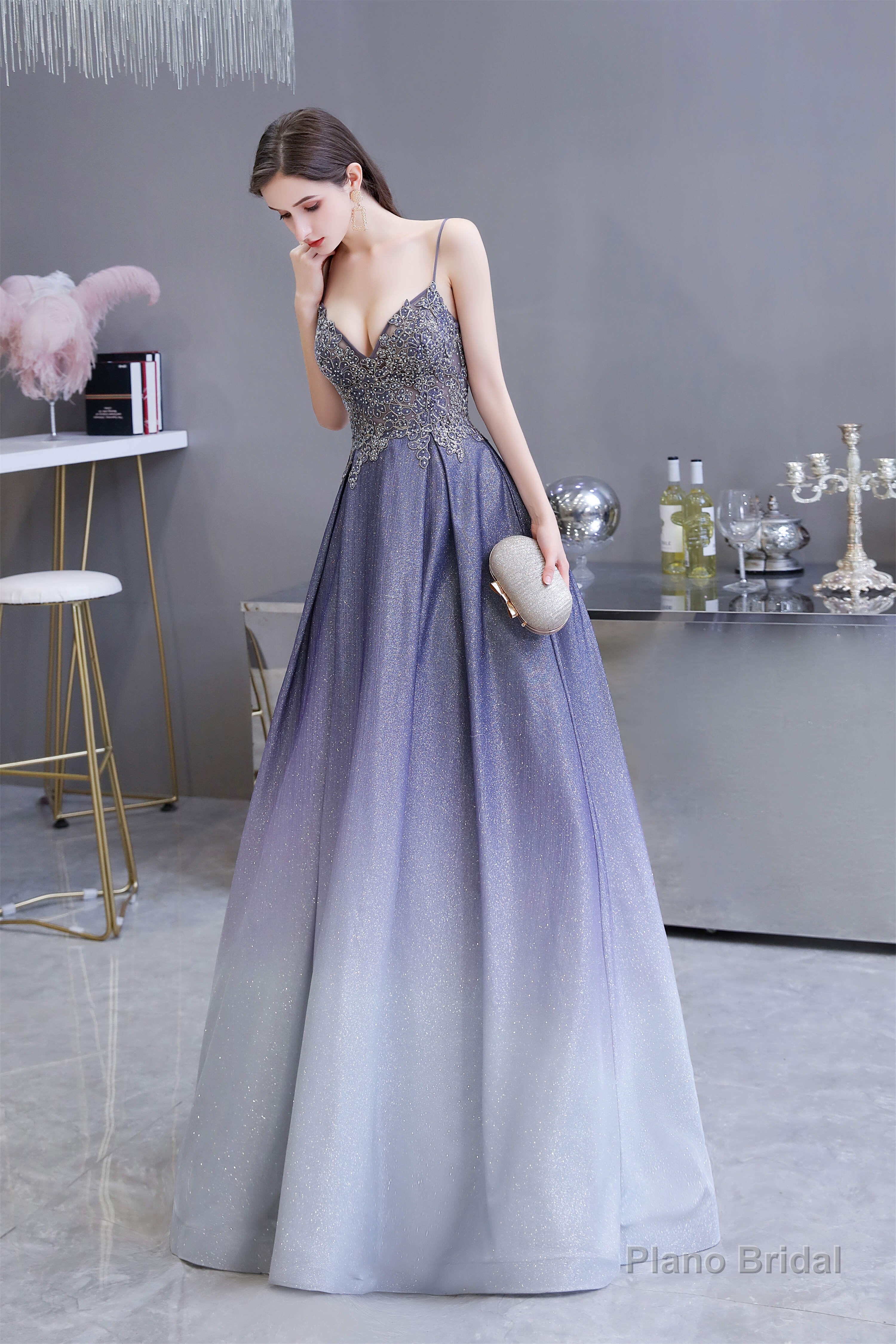 A-Line Spaghetti Straps Long Sequins Prom Dresses