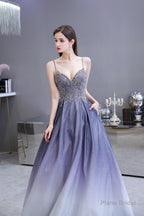 A-Line Spaghetti Straps Long Sequins Prom Dresses