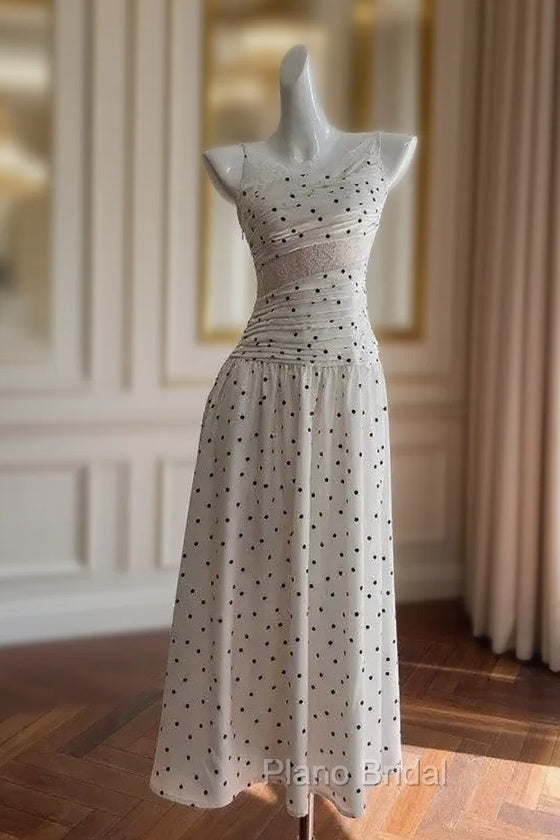 A Line Spaghetti Straps Polka Dots Lace Chiffon Formal Prom Dresses Formal Dresses