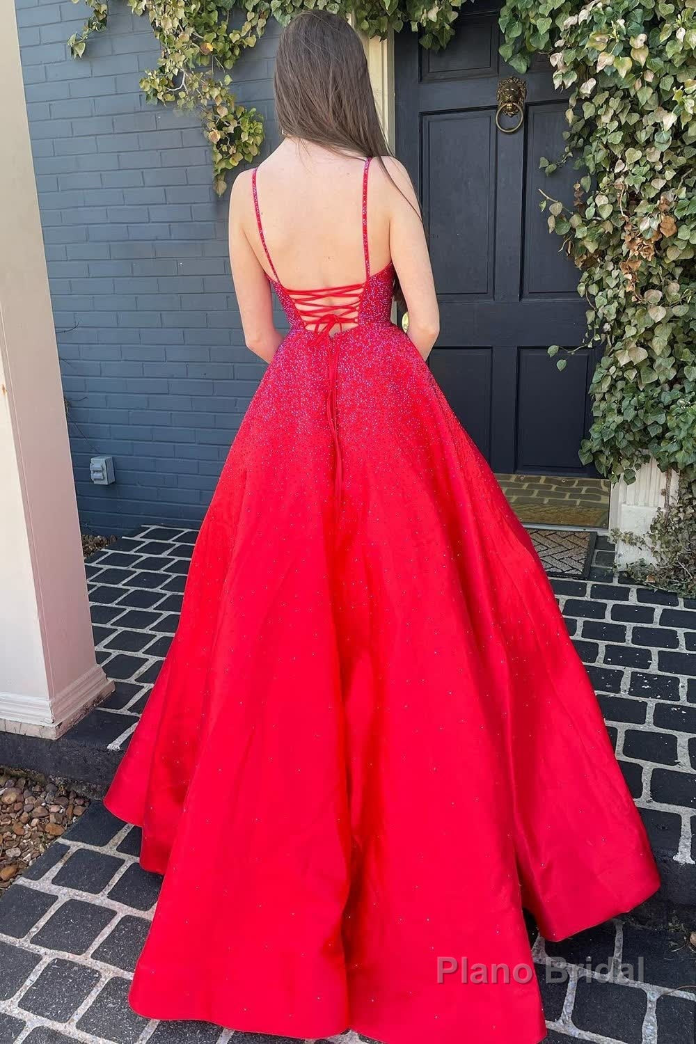 A Line Spaghetti Straps Red Long Prom Dress with Beading Secondary image