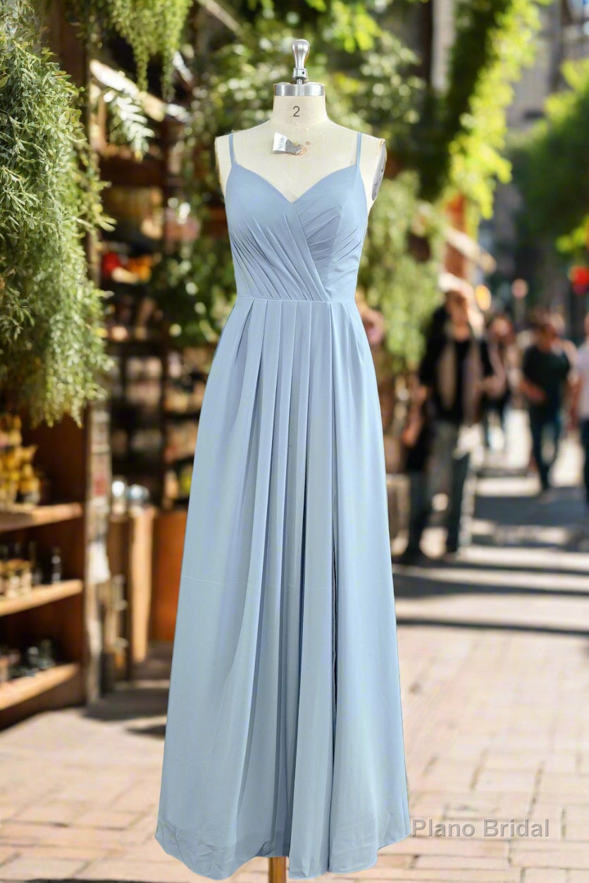 A-Line Spaghetti Straps Ruched Long Chiffon Bridesmaid Dress with Slit Secondary image