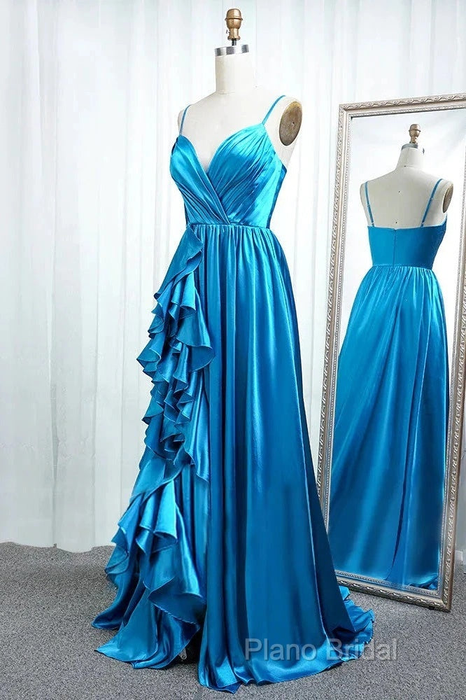 A Line Spaghetti Straps Satin Formal Prom Dresses With Slit And Flounced Secondary image