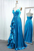 A Line Spaghetti Straps Satin Formal Prom Dresses With Slit And Flounced
