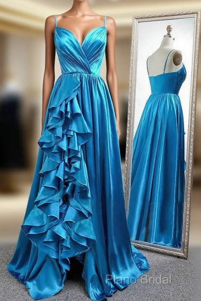 A Line Spaghetti Straps Satin Formal Prom Dresses With Slit And Flounced