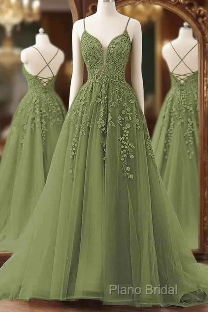 A-Line Spaghetti Straps Sweep Train Formal Prom Dresses, Sage Green Tulle Formal Dresses Main image