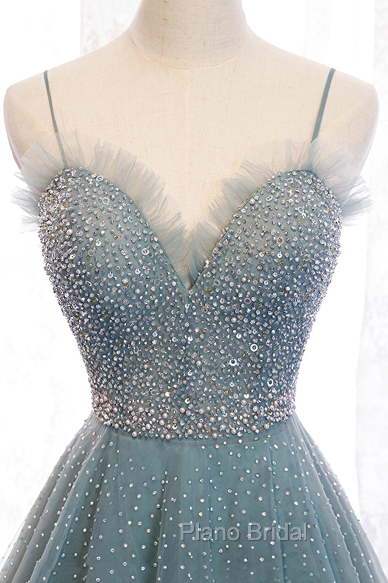 A-Line Spaghetti Straps Tulle Beaded Long Formal Prom Dresses, Cute Evening Party Dresses