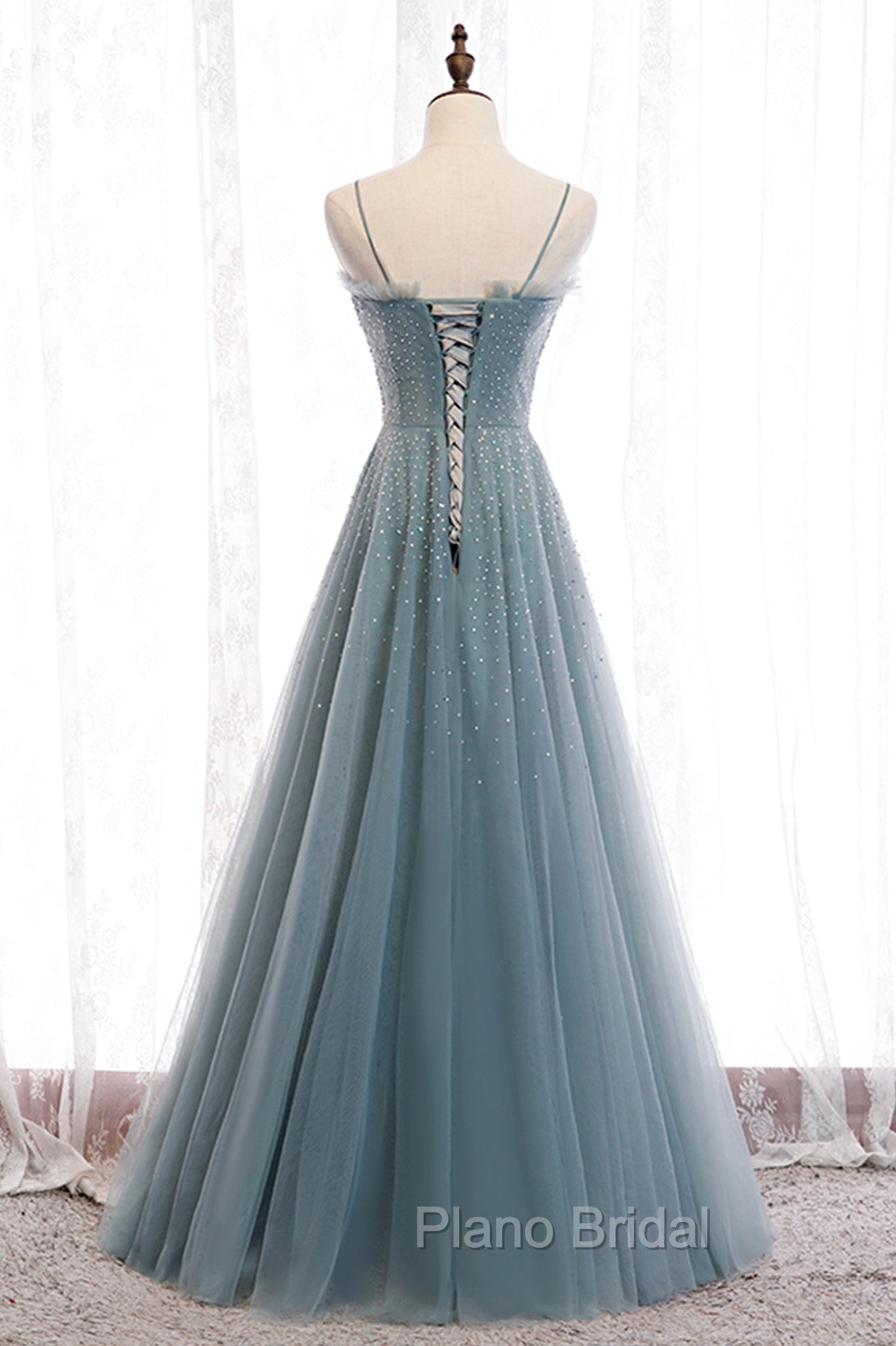 A-Line Spaghetti Straps Tulle Beaded Long Formal Prom Dresses, Cute Evening Party Dresses