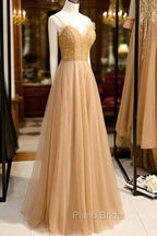 A-Line Spaghetti Straps Tulle Beaded Long Formal Prom Dresses, Evening Party Dresses