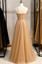 A-Line Spaghetti Straps Tulle Beaded Long Formal Prom Dresses, Evening Party Dresses