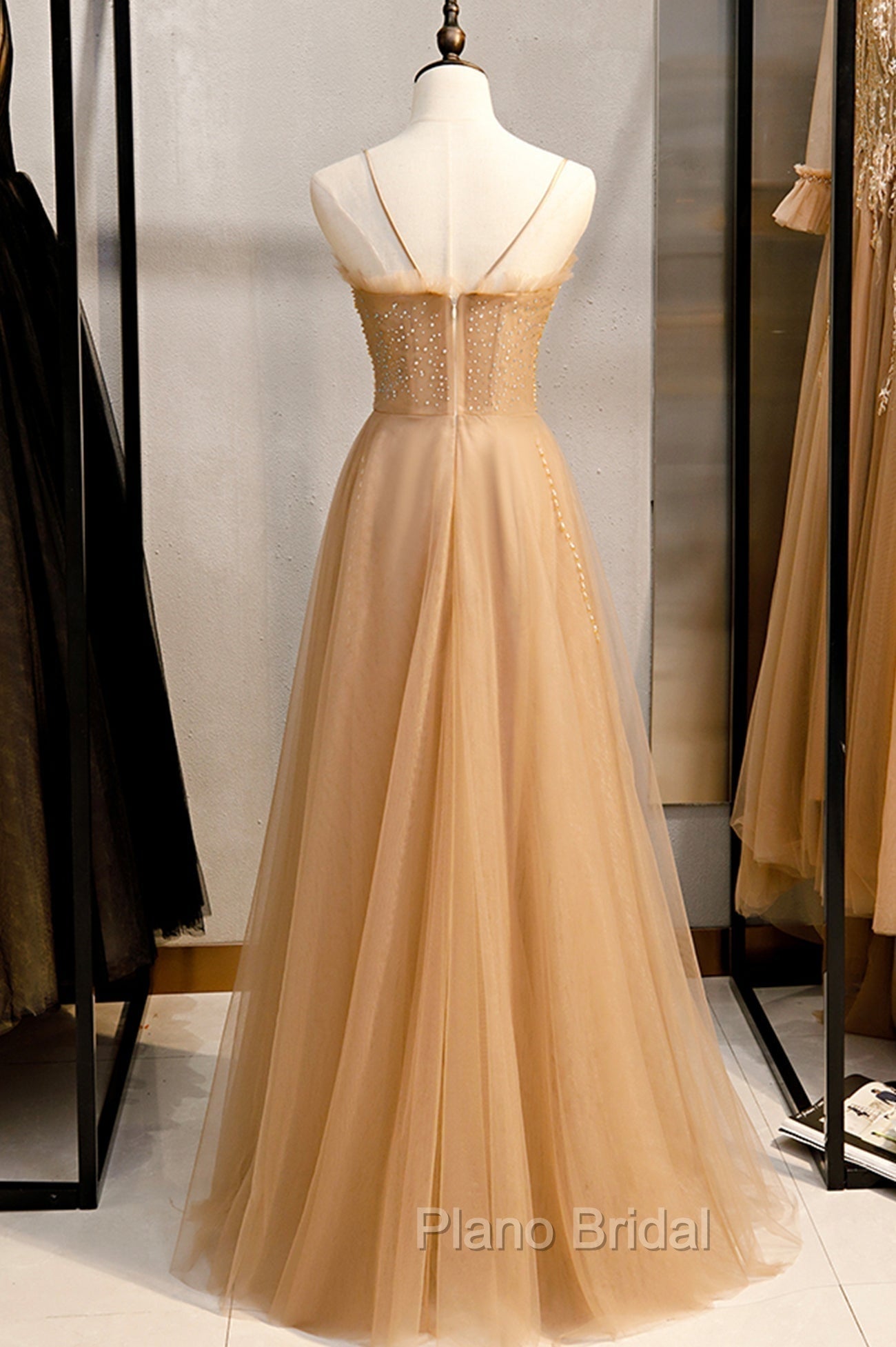 A-Line Spaghetti Straps Tulle Beaded Long Formal Prom Dresses, Evening Party Dresses