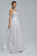 A-Line Spaghetti Straps Tulle Decal Long Wedding Dresses