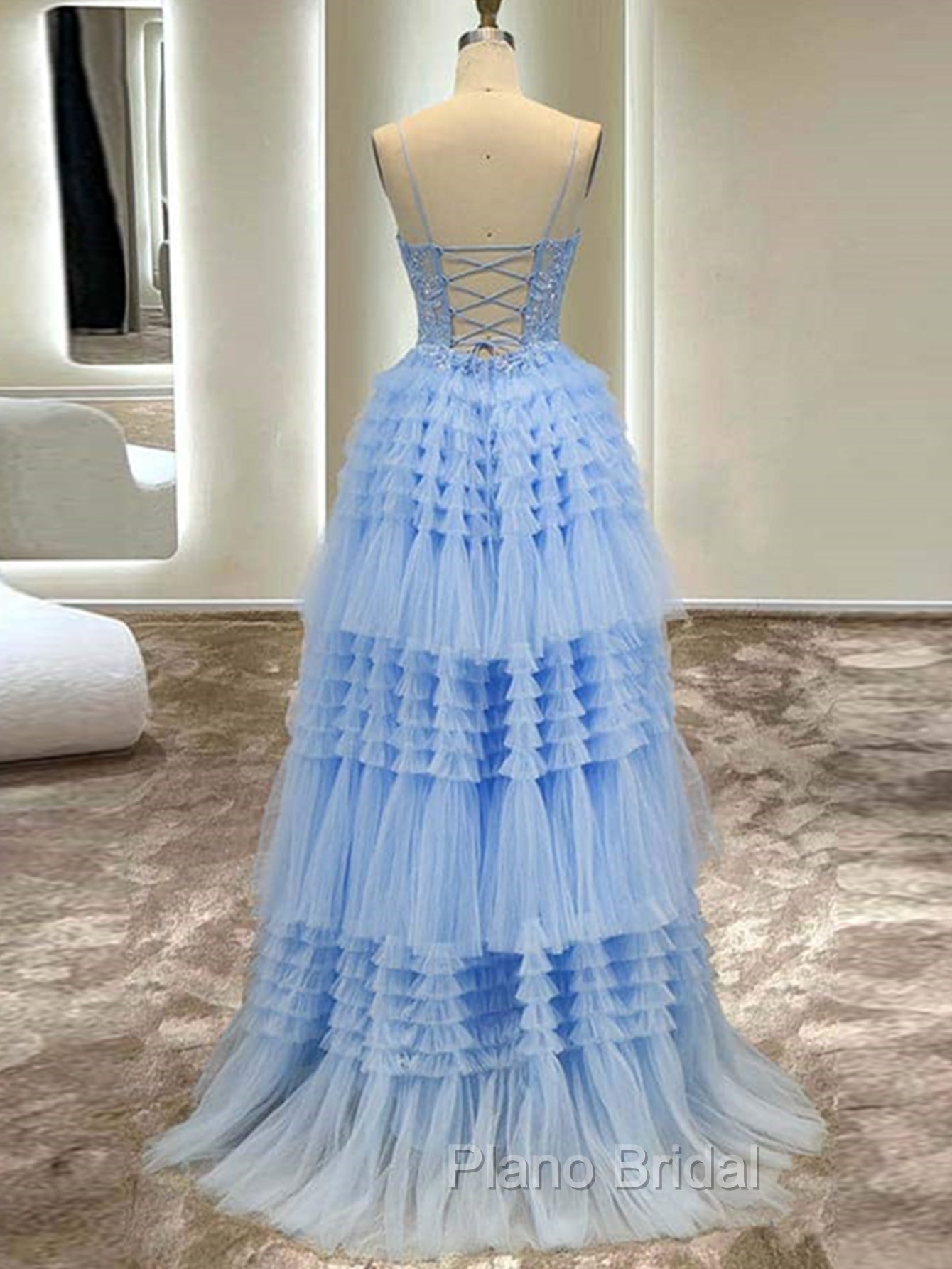 A-Line Spaghetti Straps Tulle Long Formal Prom Dresses