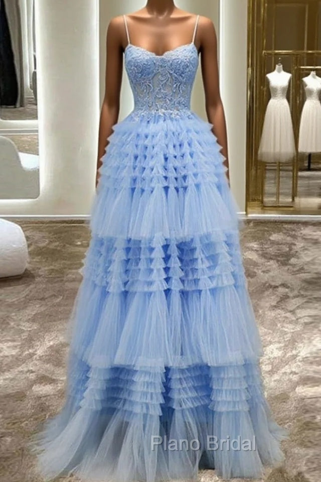 A-Line Spaghetti Straps Tulle Long Formal Prom Dresses
