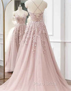 A-line Spaghetti Straps Tulle Formal Prom Dresses with Appliques