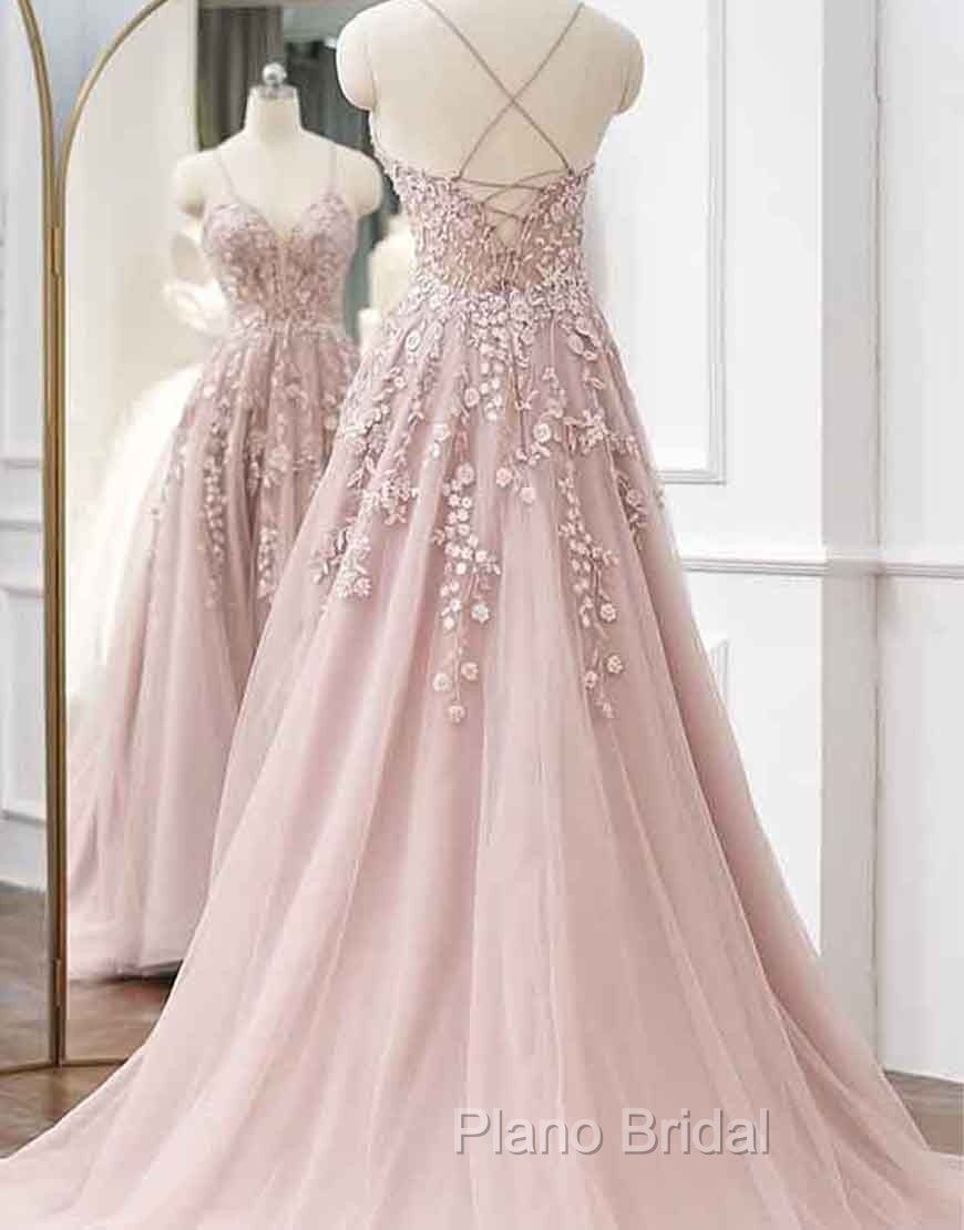 A-line Spaghetti Straps Tulle Formal Prom Dresses with Appliques