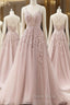 A-line Spaghetti Straps Tulle Formal Prom Dresses with Appliques