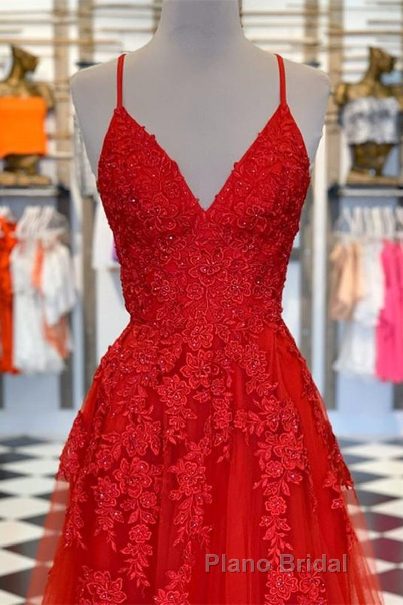 A Line Spaghetti Straps V Neck Red Lace Long Formal Prom Dress, Red Lace Formal Dress, Red Evening Dress Secondary image